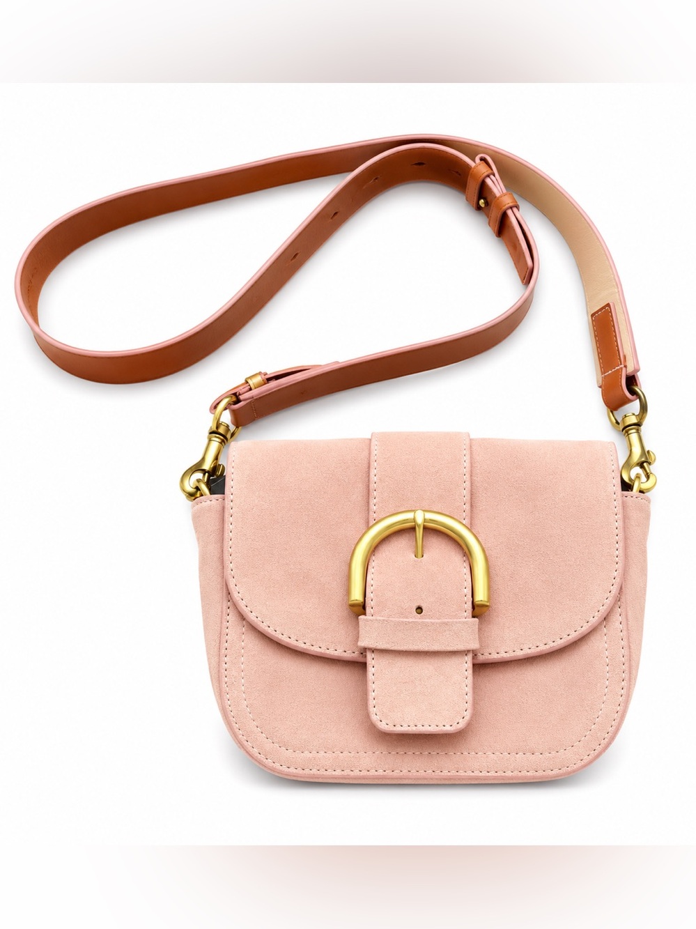Women's Pink Suede Crossbody Bag with Gold Buckle